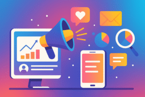 Illustration abstraite de marketing digital avec mégaphone, smartphone et graphiques